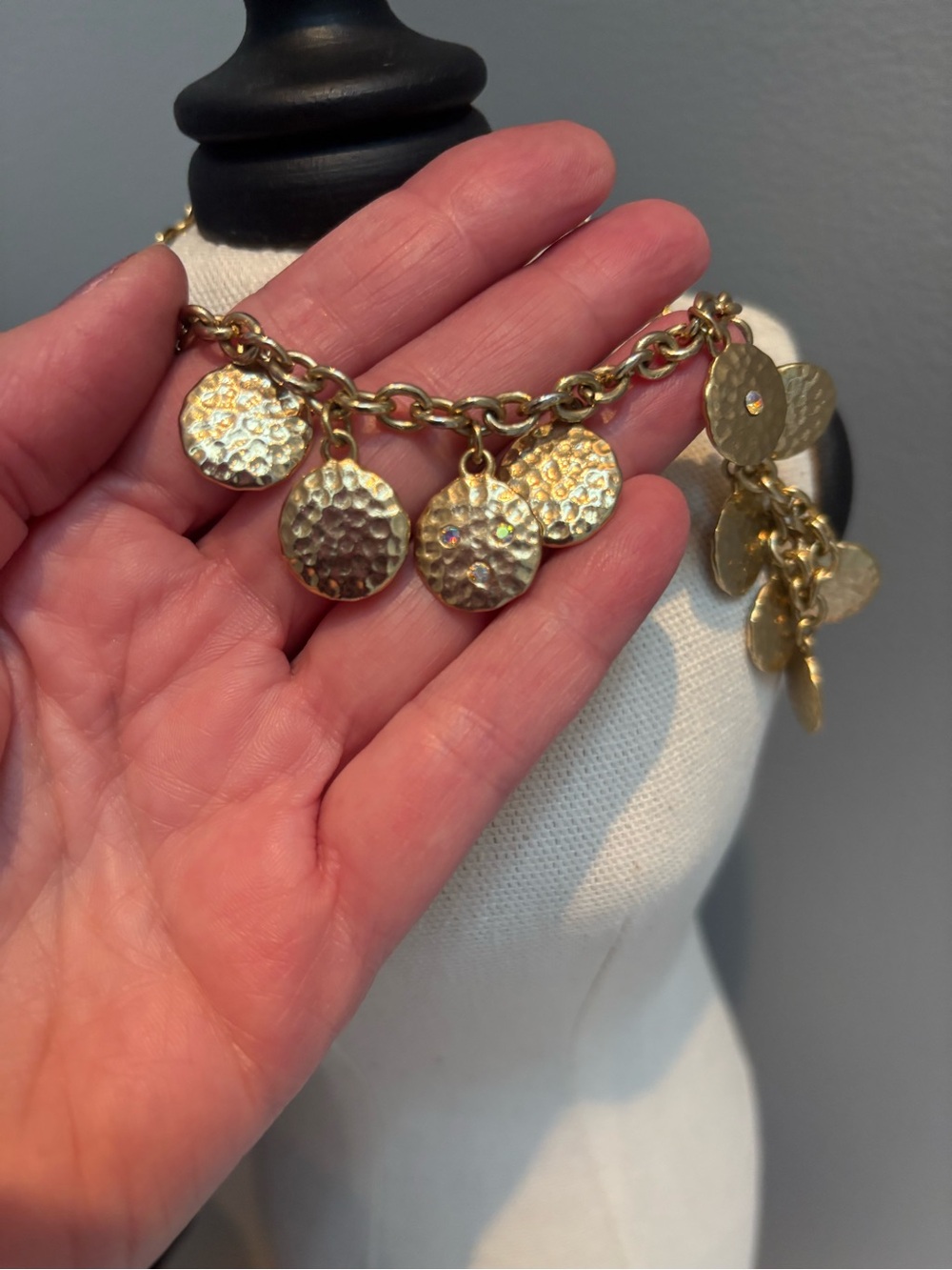 Gold Tone Hammered Disc Statement Necklace | Crystal Accent Boho Bib - Picture 3 of 7